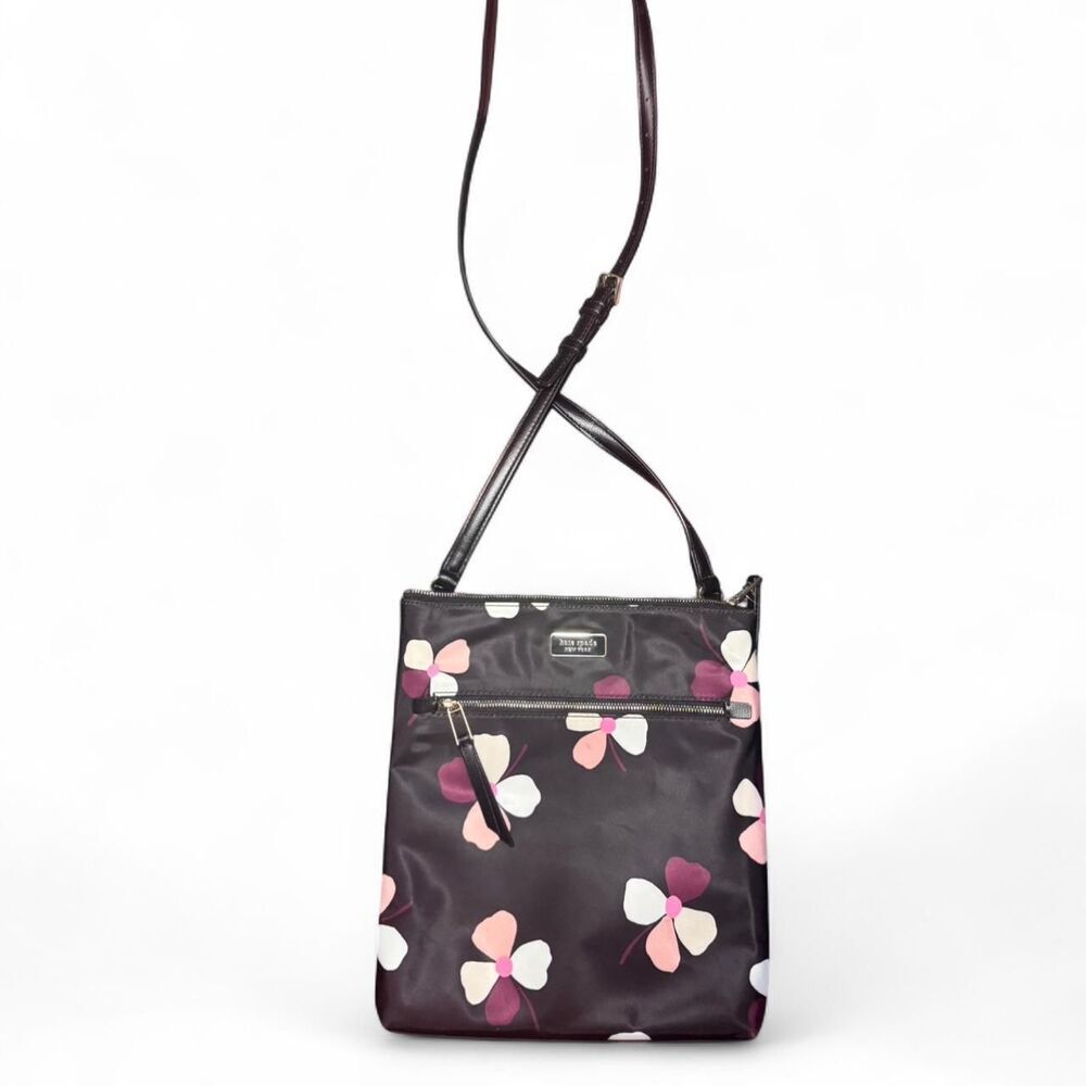 Kate Spade Dawn Dusk Buds Flat Crossbody Black Floral Nylon 10.5x10x1 adjustable